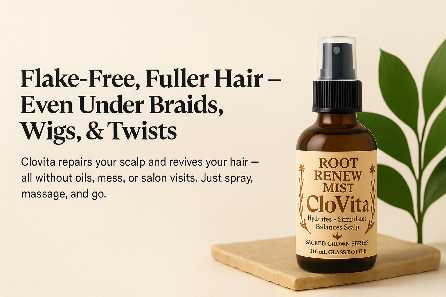 CloVita Root Renew Mist bottle on a wooden coaster with text about hair care benefits.