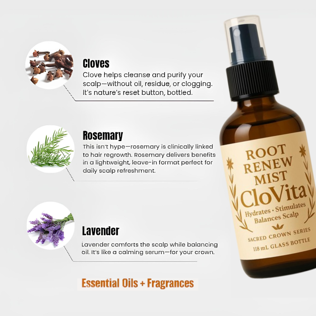 CloVita Root Renew Mist bottle with essential oils and benefits on a white background