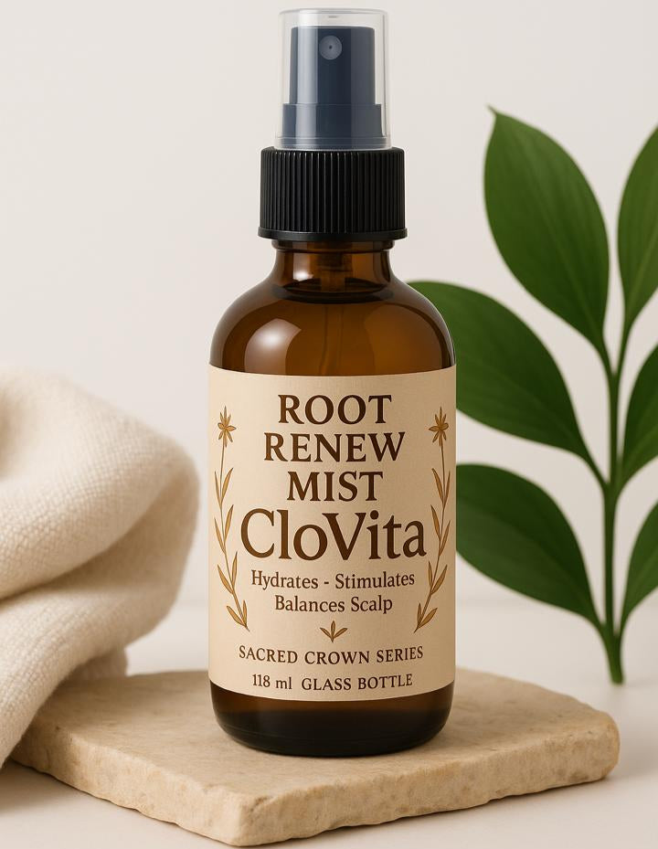 Clovita Root Renew Mist –lightweight natural scalp spray for hydration, itch relief, and hair growth under protective styles.