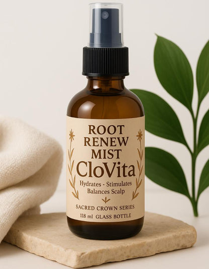 Clovita Root Renew Mist –lightweight natural scalp spray for hydration, itch relief, and hair growth under protective styles.